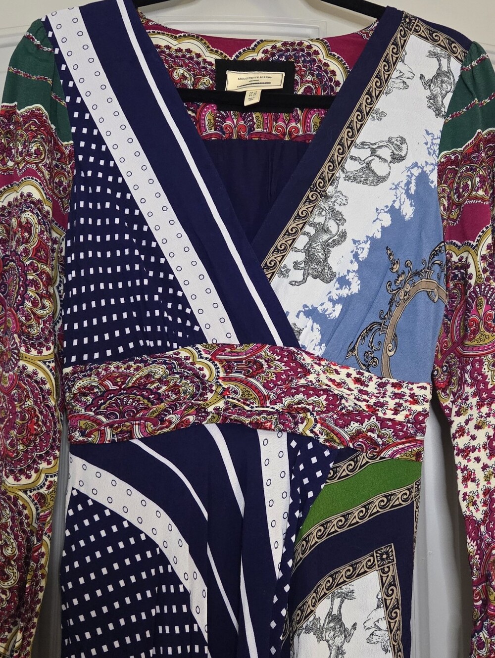 Moulinette Soeurs By Anthropologie - Mixed Print V-Neck Long Sleeve Dress - Picture 5 of 15